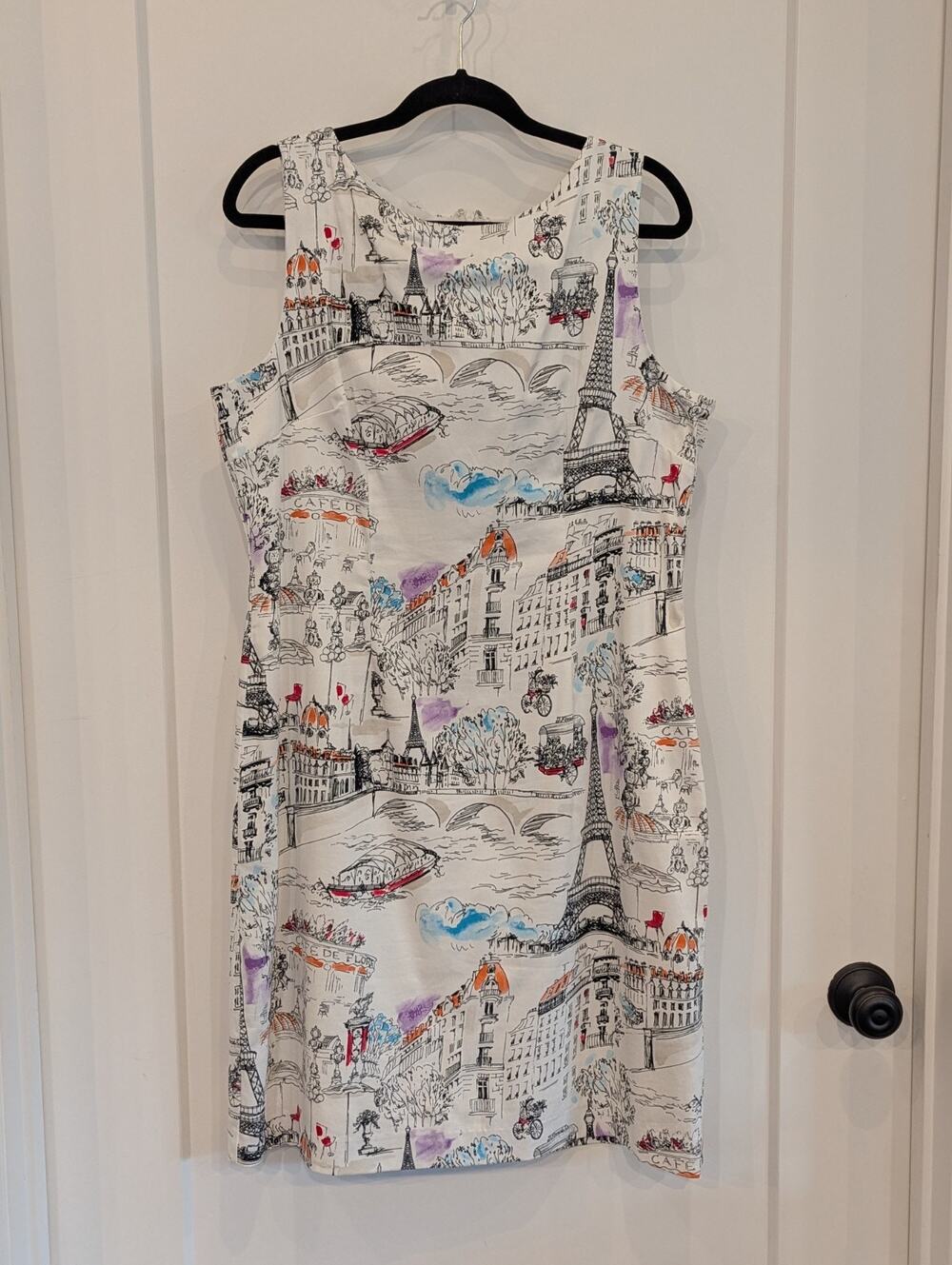 Vtg 80s Leslie Fay Sz14 Sleeveless Sheath Lined Dress Eiffel Tower Paris Chic